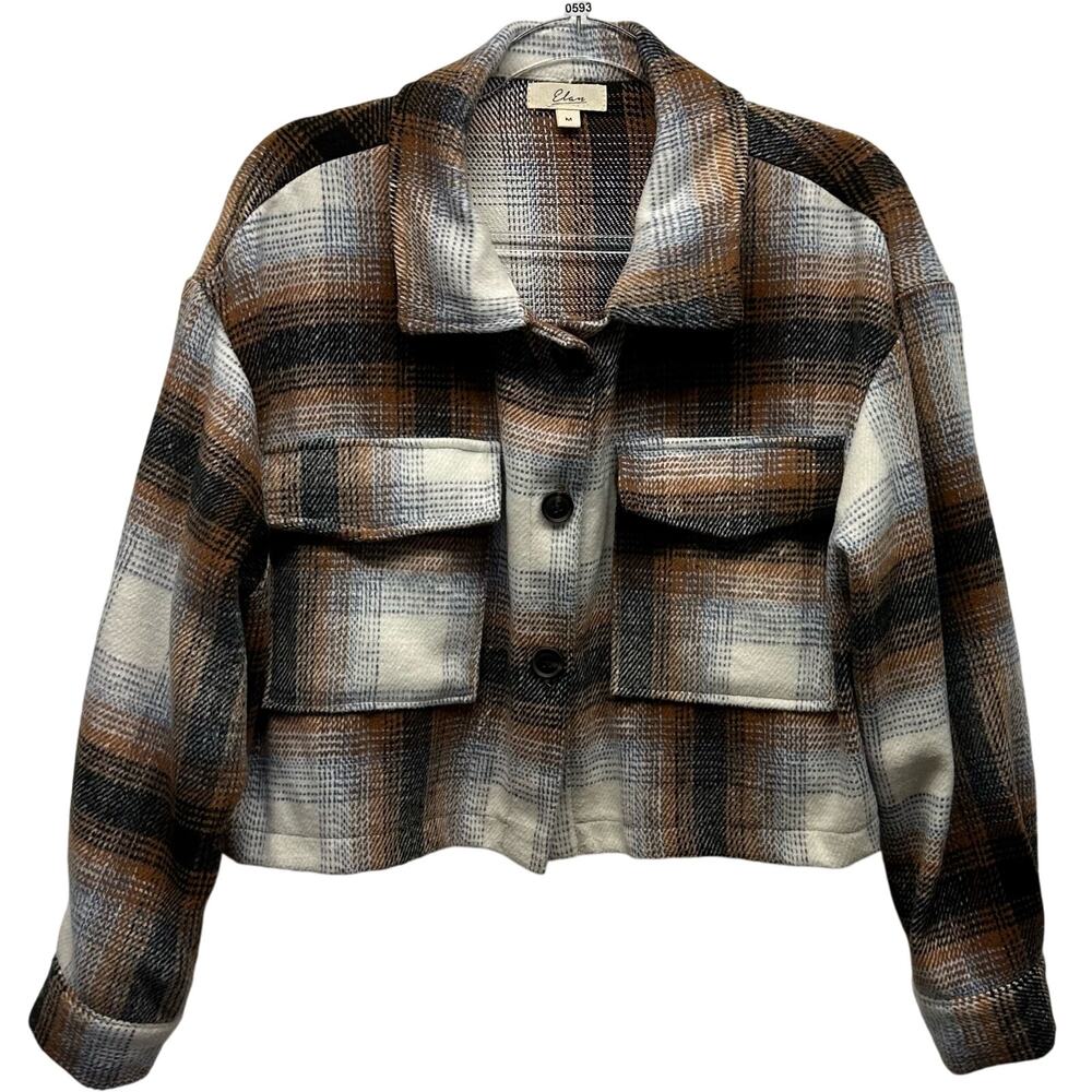 Elan Women’s Sz M Plaid Pattern Short Jacket, Pockets, Blue, Brown, Tan & Cream